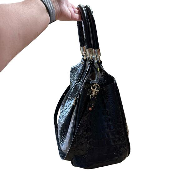 Brahmin Elisa Melbourne Large Leather Satchel Black Gold Registration Card - Picture 5 of 12